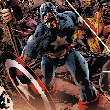 Zombie Captain America standing in front of other zombies.